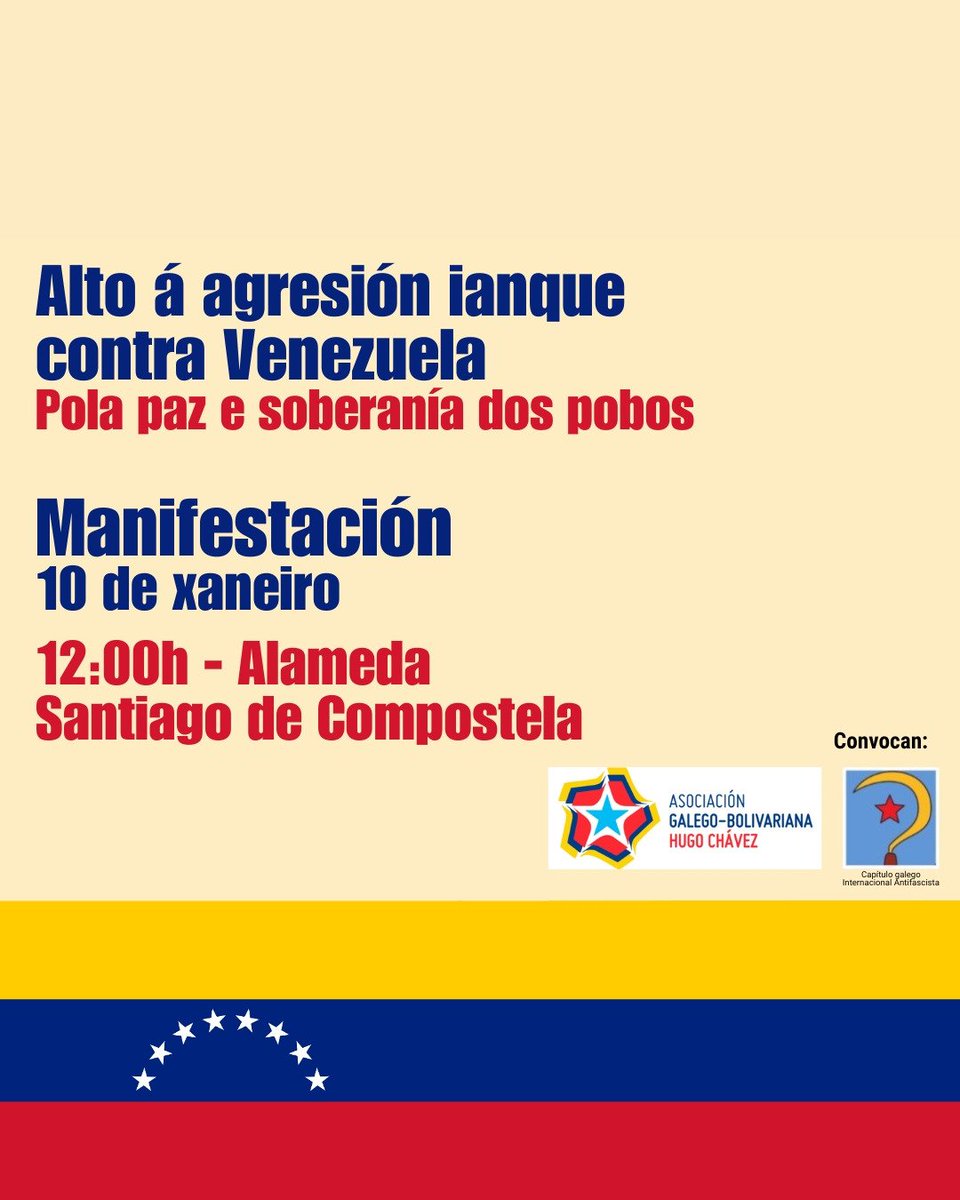Contra a agresión do imperialismo ianque.
Pola paz e a soberanía dos pobos.
O sábado en Compostela.
