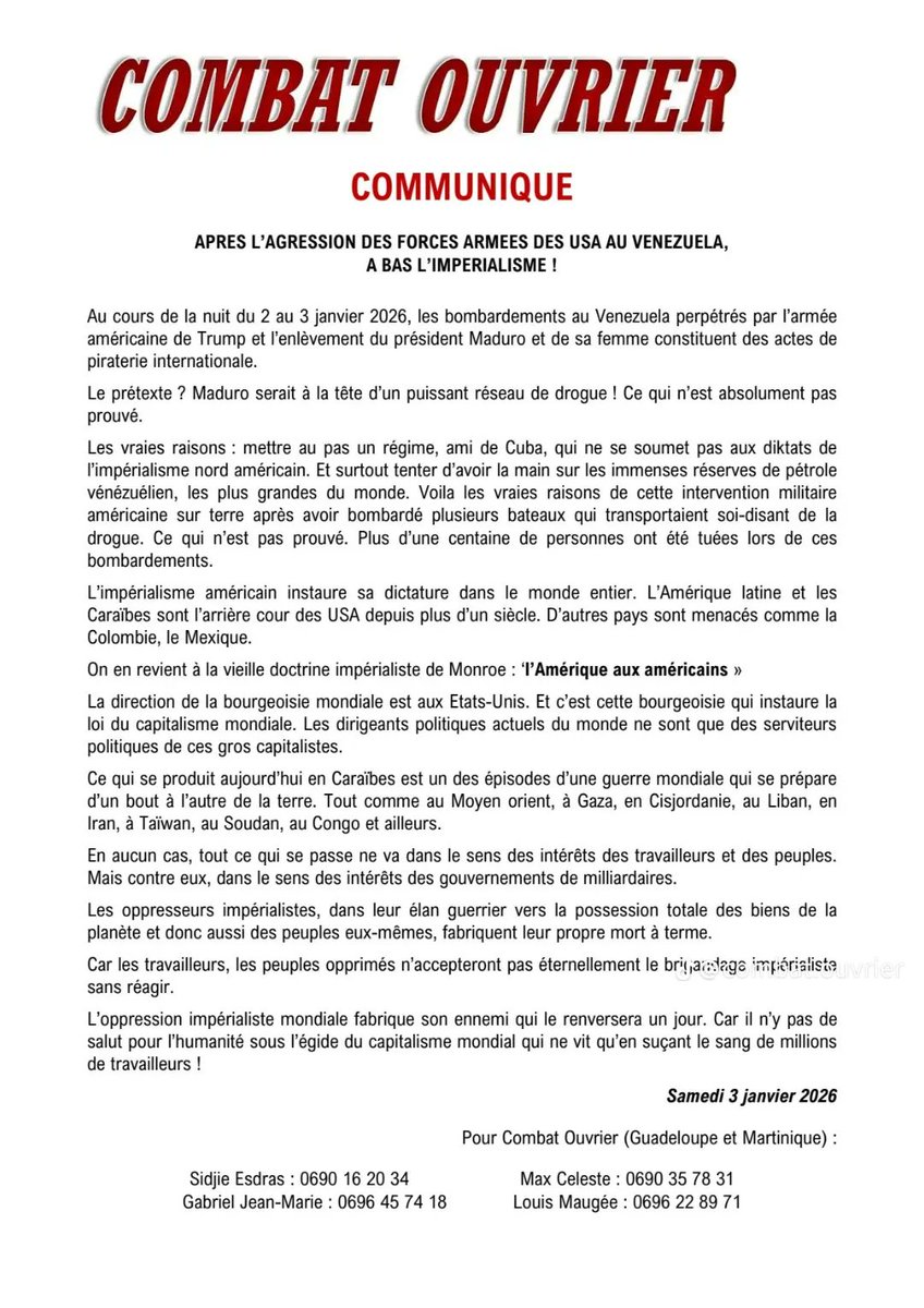 Après l'agression des forces armées des USA au Venezuela, à bas l'impérialisme !
Communiqué de l'organisation communiste antillaise Combat Ouvrier.