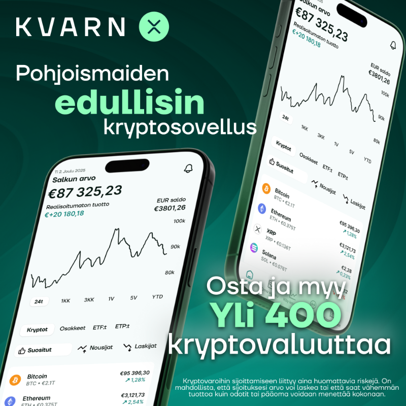 KvarnX's tweet photo. Kuukausisäästä Pohjoismaiden alhaisimmilla kuluilla. Yli 400 kryptovaluutan valikoima ilman piilokuluja, alkaen jopa 0,1%