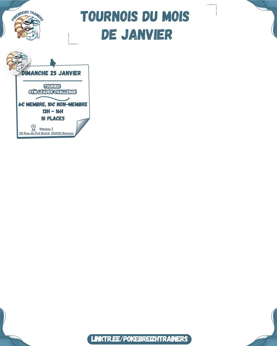 Voici les dates des tournois de Janvier, organisées par nous et nos boutiques partenaires !

● Inscriptions aux événements de l'association :

linktr.ee/PokeBreizhTrai…

Inscrivez-vous rapidement pour être sûr d'avoir des places et bien sûr venez nombreux ❤️