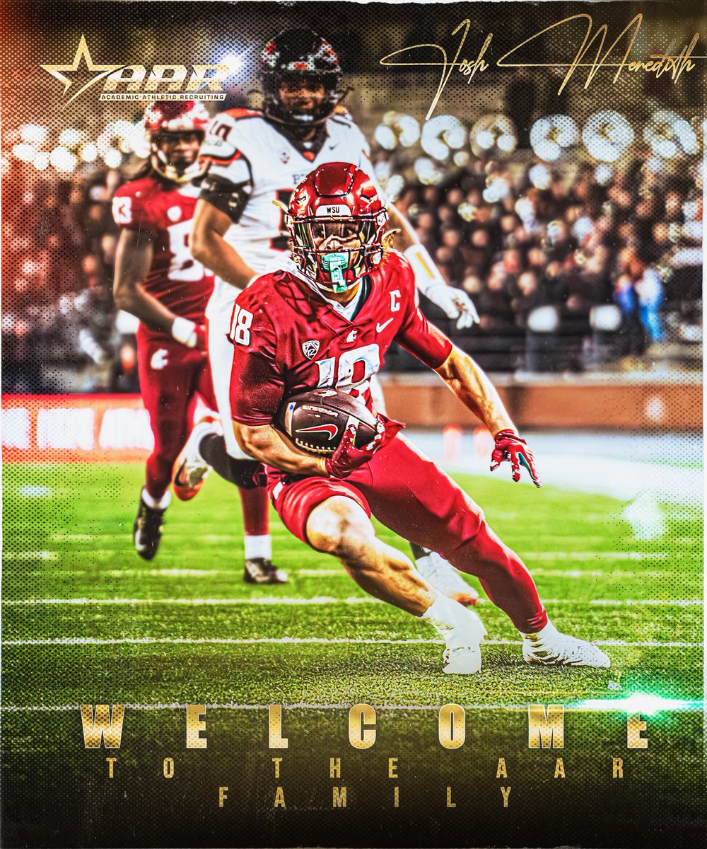 AarManagement's tweet image. Everyone let’s welcome NFL draft prospect and former Washington State WR Josh Meredith to the AAR family! 

• Led Wazzau in receptions, receiving yards, &amp;amp; TD
• Team captain 2025 
• 57 rec, 723 yds, 3 TDs
• In 2024 had 7 receptions 111 yards 1 touchdown Apple vs Washington