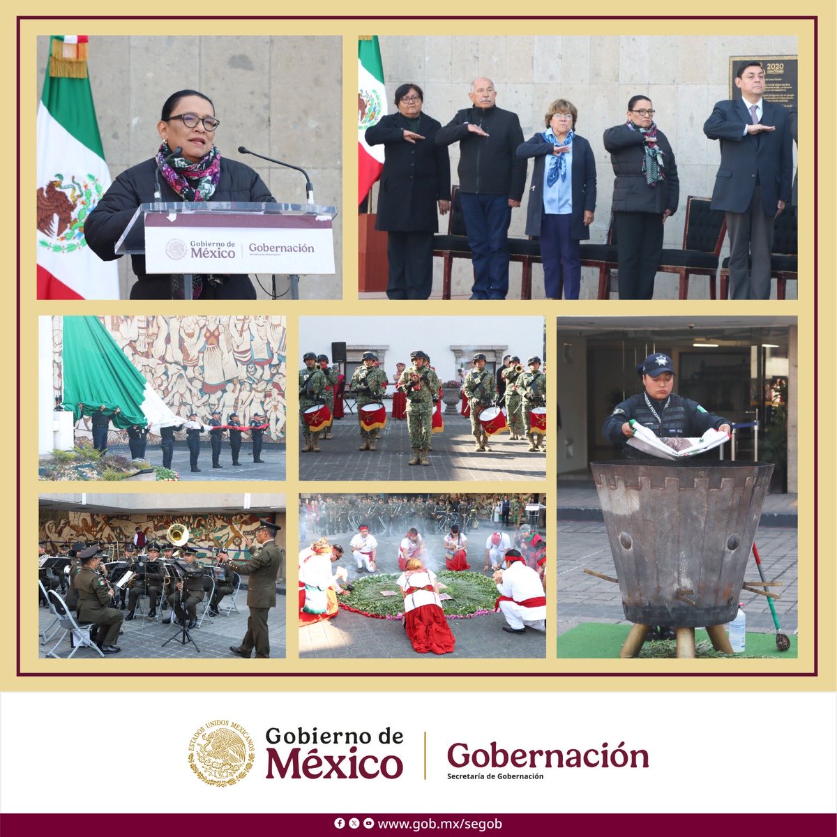 RocioBarcenaM's tweet photo. Desde la explanada Leona Vicario de la @SEGOB_mx, acompañamos a la Secretaria @rosaicela_ en la primera Ceremonia Cívica de Izamiento, Honores a la Bandera e Incineración 2026. Un acto que fortalece el respeto a nuestros símbolos patrios. @Defensamx1 @anglicalb #BanderaNacional https://t.co/JLAy4NtQvv