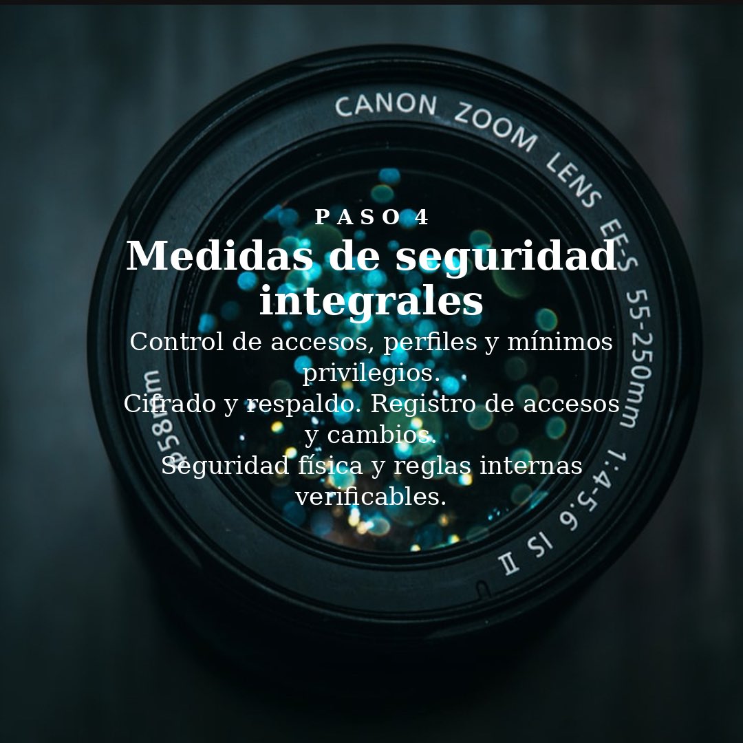 🛡️ PASO 4 — Medidas de seguridad integrales

🔑 Control de accesos y mínimos privilegios.

🔒 Cifrado y respaldo + registro de accesos y cambios.

🏢 Seguridad física y reglas internas verificables.