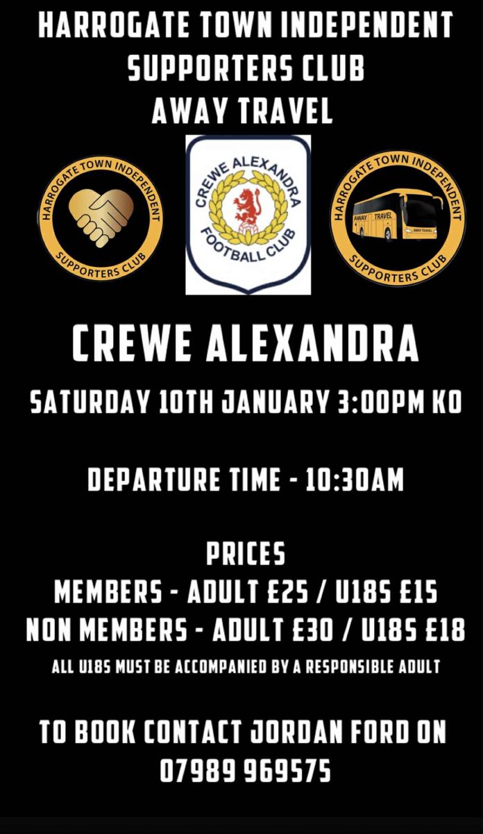Seats still remain on the supporters club coach to Crewe Alexandra this coming Saturday.

Coach leaves <a href="/HarrogateTown/">Harrogate Town AFC</a> at 10:30 and will go direct to Gresty Road.

Contact Jordan on 07989 969575 for further information and to book.

🖤💛🖤💛