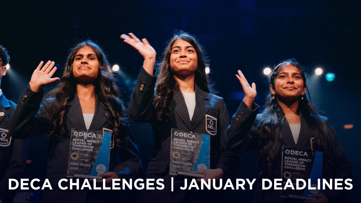 DECAInc's tweet image. January challenge deadlines are coming up! 📆 
Check out the list of challenges that are due this month and encourage your members to submit them today 🙌
🔗 Learn more about DECA's corporate challenges at decadirect.org/articles/go-th…