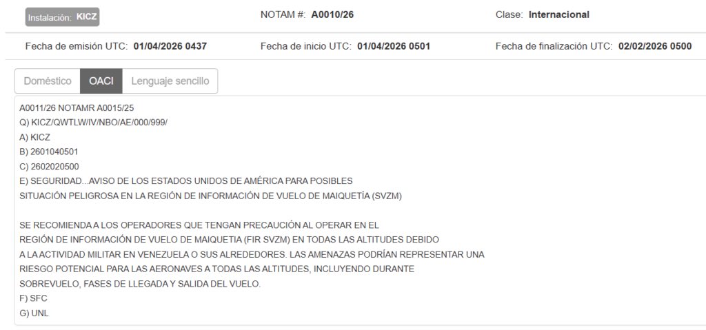 Estados Unidos emite nueva  alerta por riesgo potencial asociado a actividades militares en los cielos de Venezuela.