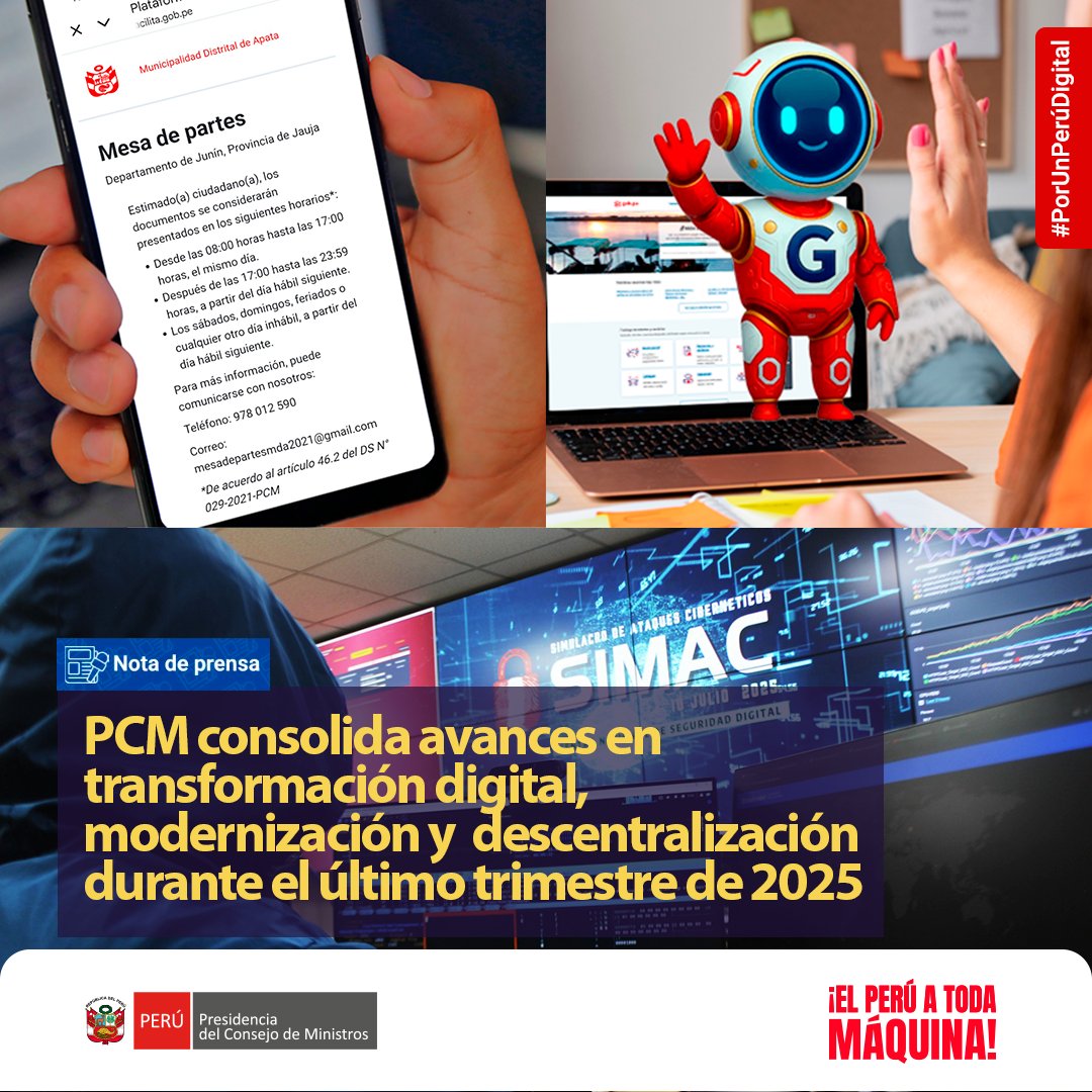 PeruPaisDigital's tweet photo. #SGTDInforma 📢 | La Presidencia del Consejo de Ministros consolidó avances en transformación digital, modernización y descentralización durante el último trimestre de 2025.
✔️ A través de la Secretaría de Gobierno y Transformación Digital, se fortaleció la seguridad digital mediante la emisión de alertas, asistencias técnicas y la ejecución de simulacros nacionales de ciberseguridad. Asimismo, se registraron más de 500 millones de transacciones en la Plataforma de Interoperabilidad del Estado (PIDE) y se avanzó en la estrategia Cero Papel con 267 entidades interconectadas.
✔️ En el marco de la Política Nacional de Transformación Digital al 2030, se priorizaron acciones orientadas a la confianza digital, la interoperabilidad, la inclusión y el uso responsable de la inteligencia artificial.
🔗 Revisa la nota completa en: https://t.co/vTrLFkjYC2