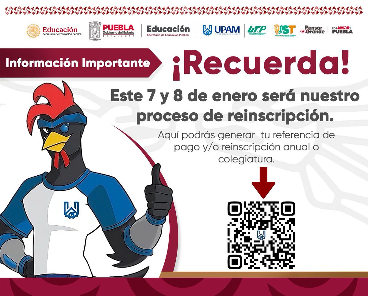 upamozoc's tweet photo. Te recordamos que este 7 y 8 de enero se llevará a cabo el proceso de reinscripción.
✔️ Realiza tu trámite en tiempo
✔️ Evita contratiempos
📲 Escanea el código QR y sigue las indicaciones

#UPAM #PensarEnGrande #PorAmorAPuebla #OrgulloUniversitario https://t.co/SwR8IzAxIo