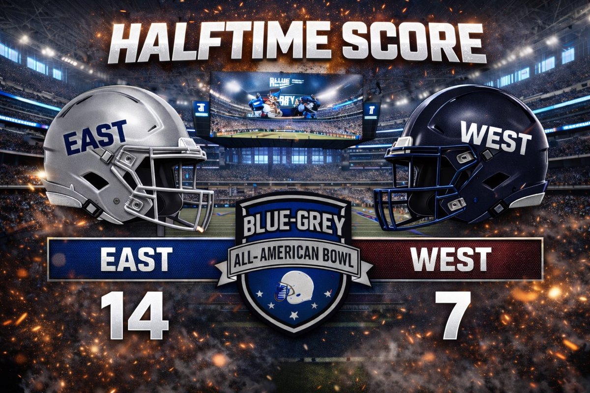 BlueGreyFB's tweet image. ⏸️ HALFTIME ⏸️

We hit the break at the Blue-Grey All-American Bowl inside AT&amp;amp;T Stadium, home of the Dallas Cowboys.

📊 East 14 | West 7

Explosive plays. Takeaways. Big-time atmosphere.
Second half coming up—adjustments will decide it. 🏈🔥

#BlueGreyBowl #EastVsWest #Halftime…