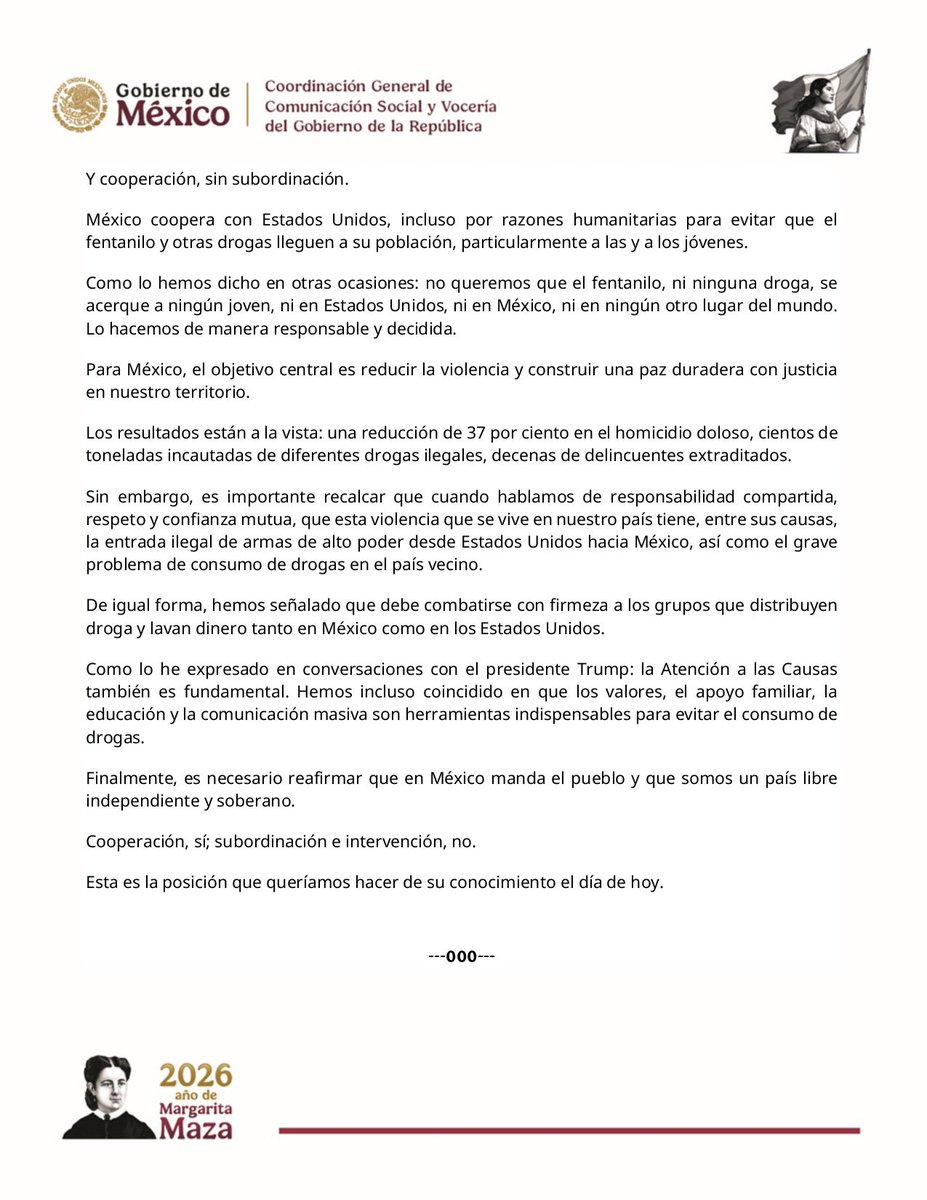 Nuestro respaldo a la postura de nuestra presidenta <a href="/Claudiashein/">Claudia Sheinbaum Pardo</a>:
Cooperación entre naciones, sí; intervención y subordinación, no. 
México es un país libre, independiente y soberano.