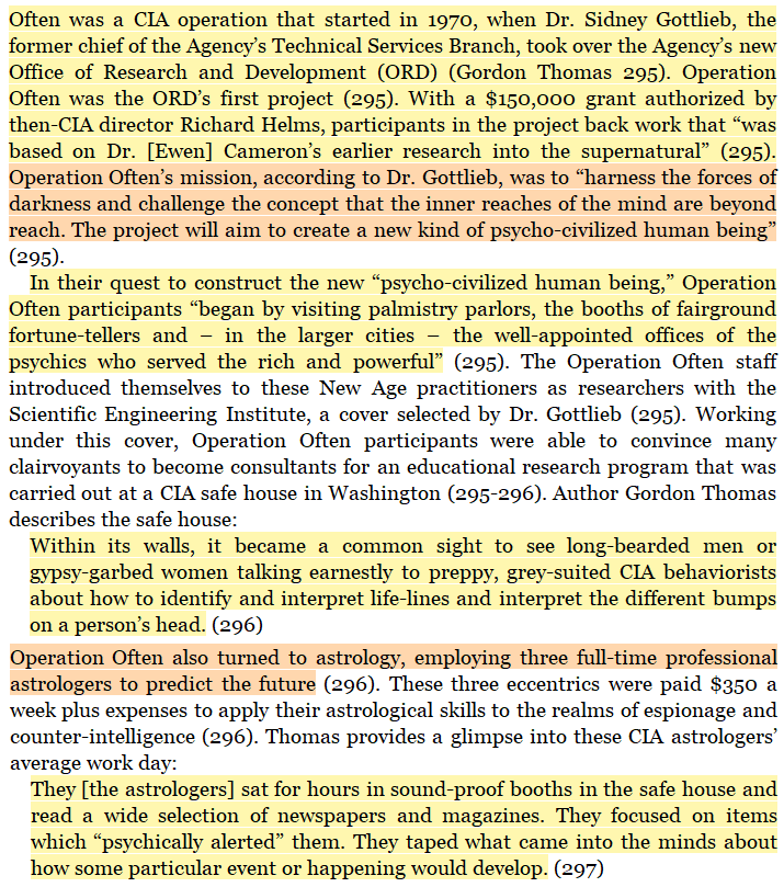 toxictiramisu's tweet image. Project OFTEN was a CIA program launched in 1970 under Sidney Gottlieb, initially framed as research into psychic and paranormal phenomena. By 1972, it shifted to demonology, exploring Satanism for CIA use, including funding a university course in sorcery.