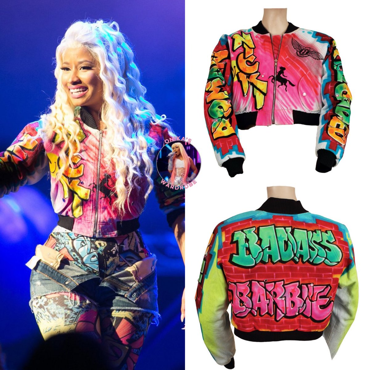onikaswardrobe's tweet photo. @NICKIMINAJ wearing custom airbrushed jacket from Jeremy Scott for #pinkfridaytour (Jeremy designed outfits for Nicki during her tour).
#NickiMinaj
#fashion
#JeremyScott
#adidas
#denim
#style https://t.co/Gq7lJ8XM0H