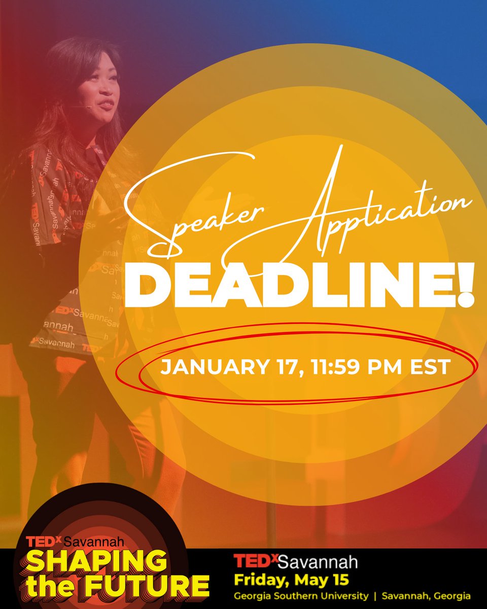 ⌛Time is running out! Speaker applications for #TEDxSav2026 are closing soon. Don’t miss your opportunity to share your idea on the TEDxSavannah stage!

Applications close January 17 at 11:59 pm. Submit your applications at tedxsavannah.com/apply