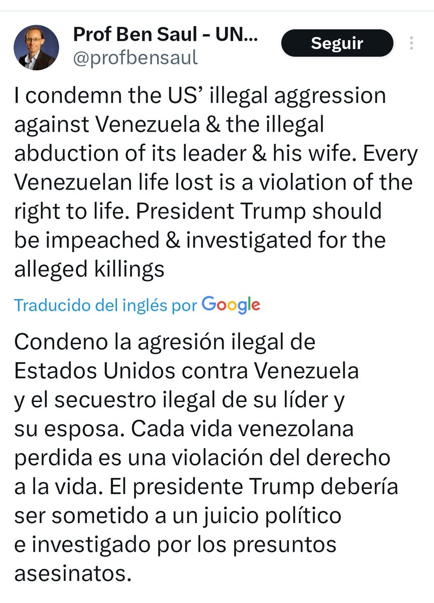 fundalatin's tweet photo. Acompañamos la denuncia del Relator Especial de las Naciones Unidas sobre #DDHH y Lucha contra el Terrorismo @profbensaul quien ha pedido investigar al Presidente de #EEUU  por su agresión militar en Venezuela y el secuestro del Pdte. Nicolás Maduro y la primera dama Cilia Flores https://t.co/DVbGqd7dsY