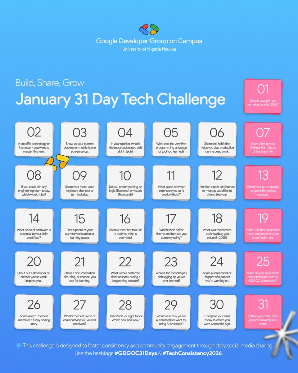 Today’s #GDGOCUNN31Days challenge ✨

The first programming language I learnt was python.

<a href="/GDG_UNN/">GDGoC UNN is hosting #BWAI26</a>
#TechConsistency2026