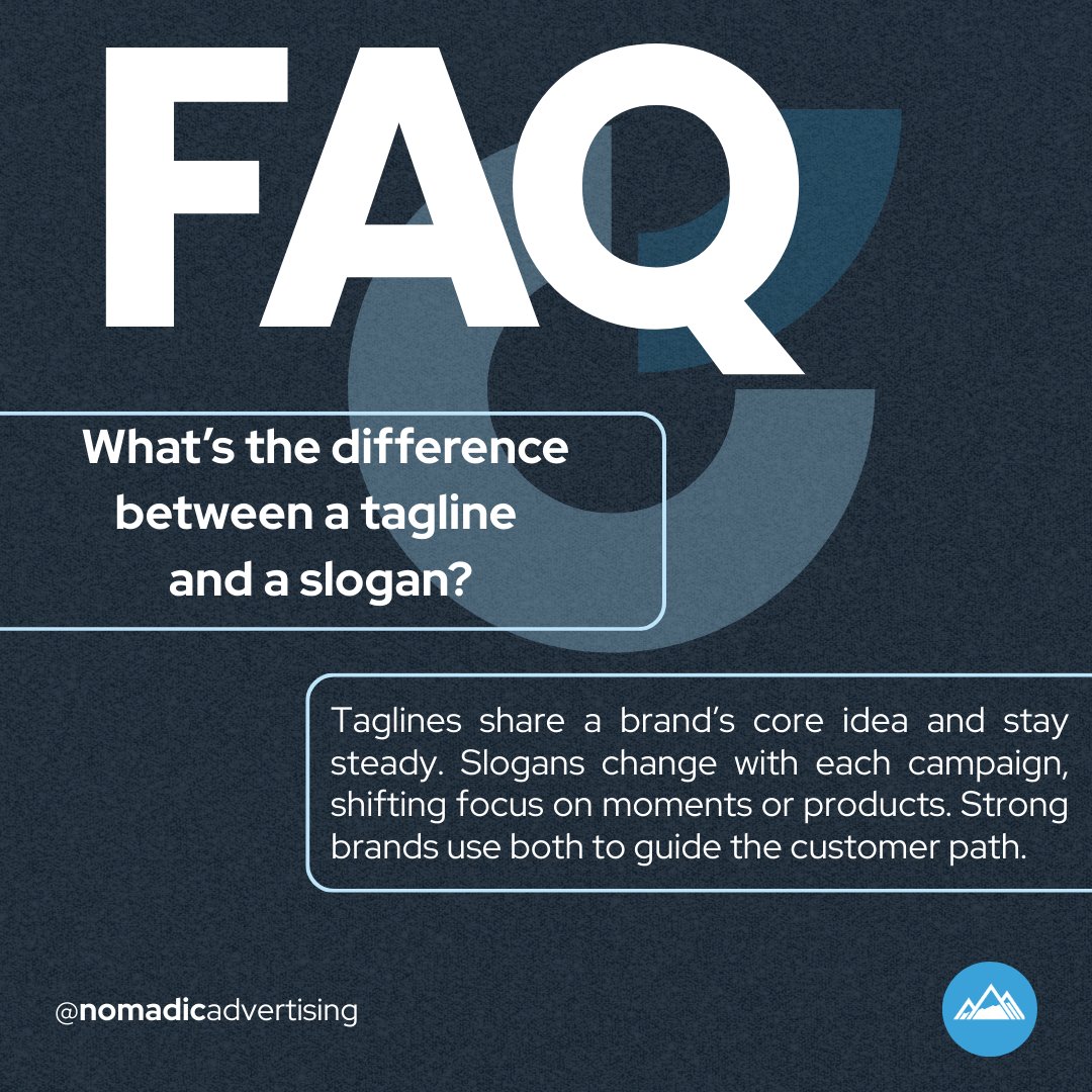 NomadicAd's tweet photo. Stop scrolling if you mix up taglines and slogans 🛑 Tagline = long term brand anchor. Slogan = campaign line that changes with offers, seasons, or products 🎯

#branding #marketing #copywriting #brandstrategy #advertising #digitalmarketing #contentstrategy https://t.co/B1XwbLkfKg