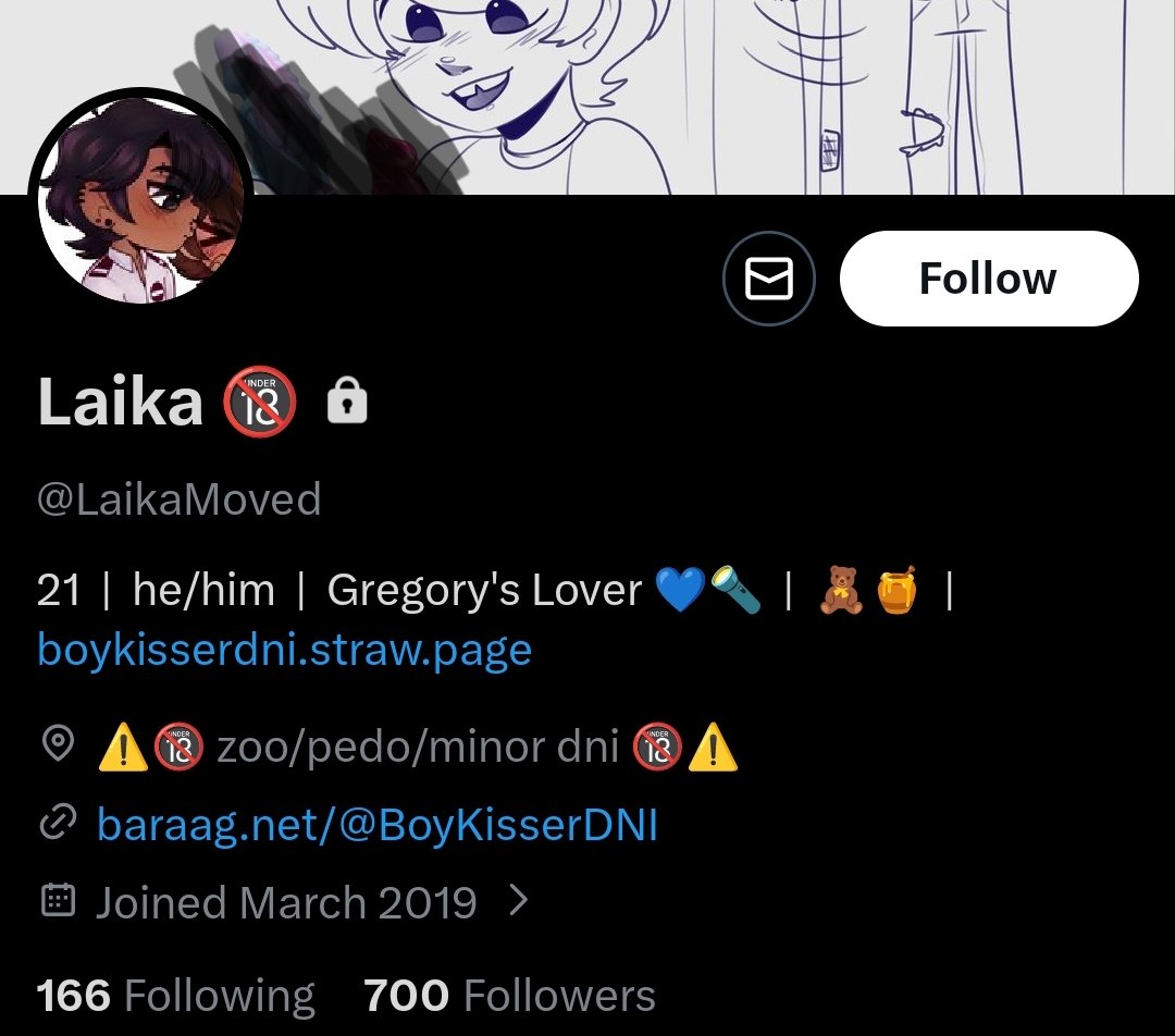 If you're an active Gregory fan on TWT you might've seen this person around.
 
To keep it short, he's been commissioning a lot of artists to draw his 'familial yumeship' failing to mention that he's a shotacon and draws sexual art of them both!
Don't harass; block and inform.