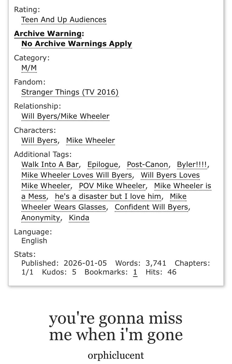 orphiclucent's tweet image. heya folks! i've got a fic for you all, written by yours truly :)

Mike meets a stranger in a bar, and something is familiar. Maybe he's just desperate, but this guy (who's very pretty and oozes confidence) reminds him of a friend he had years ago.

archiveofourown.org/works/77157321
