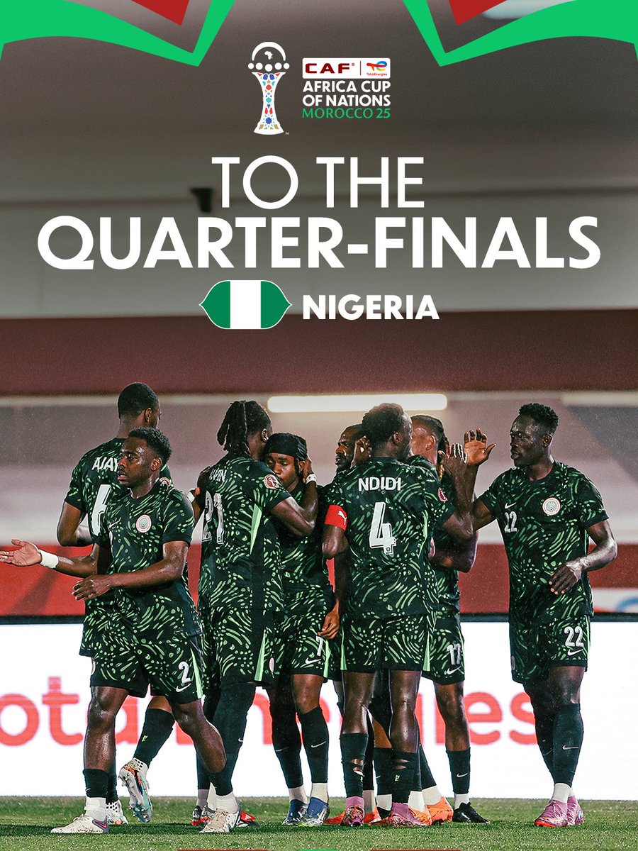 CAF_Online's tweet photo. Quarter-finals | Spot 6. 🇳🇬

Nigeria advance to the next round of the #TotalEnergiesAFCON2025! 🌟 https://t.co/DgPhh2t1JR