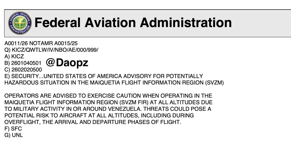 🚨 ATENCIÓN 🚨
NOTAM A0011/26 – FIR Maiquetía (SVZM, Venezuela)
(Reemplaza A0015/25)

⚠️ EE.UU. mantiene ADVERTENCIA DE SEGURIDAD por actividad militar en y alrededor de Venezuela, tras el periodo de prohibición previa.

📅 Válido: 04 ENE 2026 – 02 FEB 2026

✈️ Advertencia