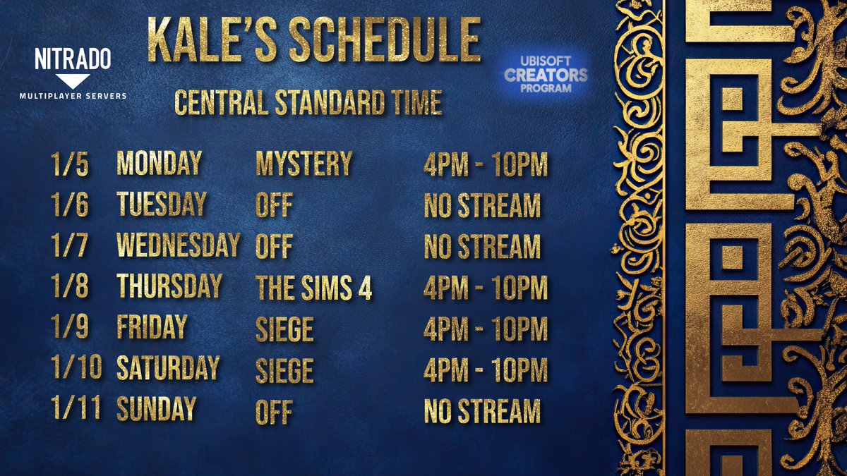 OptimusKale's tweet photo. WERE BACKKK!! This is my Schedule for this week and my planned days for streaming as of now, this is subject to change. I missed you guys and I'm very excited to hangout with you all tonight!! We will be Cooking up something and I hope to see yall there!! https://t.co/UcKBuzIVSL