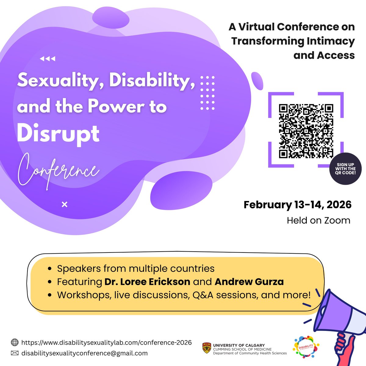 Registration is now open for the 2026 Sexuality, Disability, and the Power to Disrupt Conference!

Scan the QR code or follow the link below to register.

events.zoom.us/ev/Aj-hmQcmnLa… 

#PowerToDisrupt #DisabilityAndSexuality #UCalgary #ComingSoon #Conference