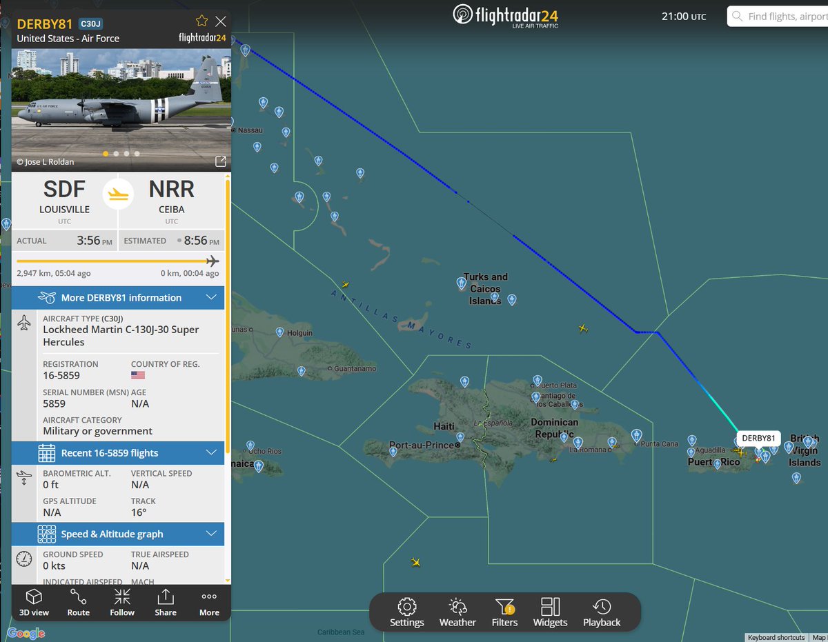 Flightwatcher1's tweet photo. #USAF C-130J-30 Super Hercules
Código de llamada: DERBY81
Matrícula: 16-5859
Hex: #ae5f0d
Desde Kentucky ANGB🇺🇸 hasta Ceiba🇵🇷
casa del Ala de Transporte Aéreo 123 (123rd Airlift Wing)
especializada en lanzamiento de equipo pesado en zonas hostiles (airdrops)
#PuertoRico #SOUTHCOM #OpSouthernSpear