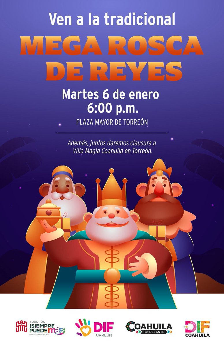 Te invitamos a disfrutar de la Mega Rosca de Reyes este martes 6 de enero, a partir de las 6:00 p.m., en la Plaza Mayor de Torreón.

¡Ven con tu familia y amigos y comparte la magia de los Reyes Magos! ✨

DIF Torreón #SiempreContigo 🩷
#MiQueridoTorreónAhoraTeQuieroMás