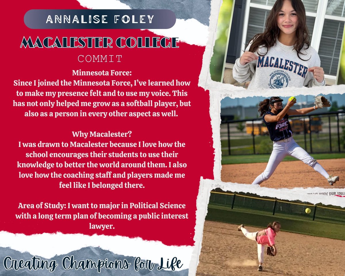 ForceSoftballMN's tweet image. Congratulations to Annalise Foley on her recent commitment to Macalester College!

We are so proud of you &amp;amp; your pursuit of athletic and academic excellence. We can’t wait to follow you as you continue this journey at the collegiate level! 🥎
￼
#CreatingChampionsForLife