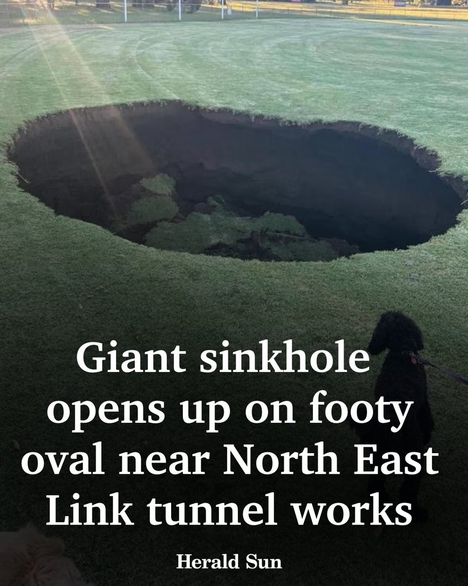 theheraldsun's tweet image. A large sinkhole at least 10 metres wide has emerged on a popular sports field in Heidelberg near where tunnel boring machines are digging the North East Link project &amp;gt; bit.ly/49F51rL