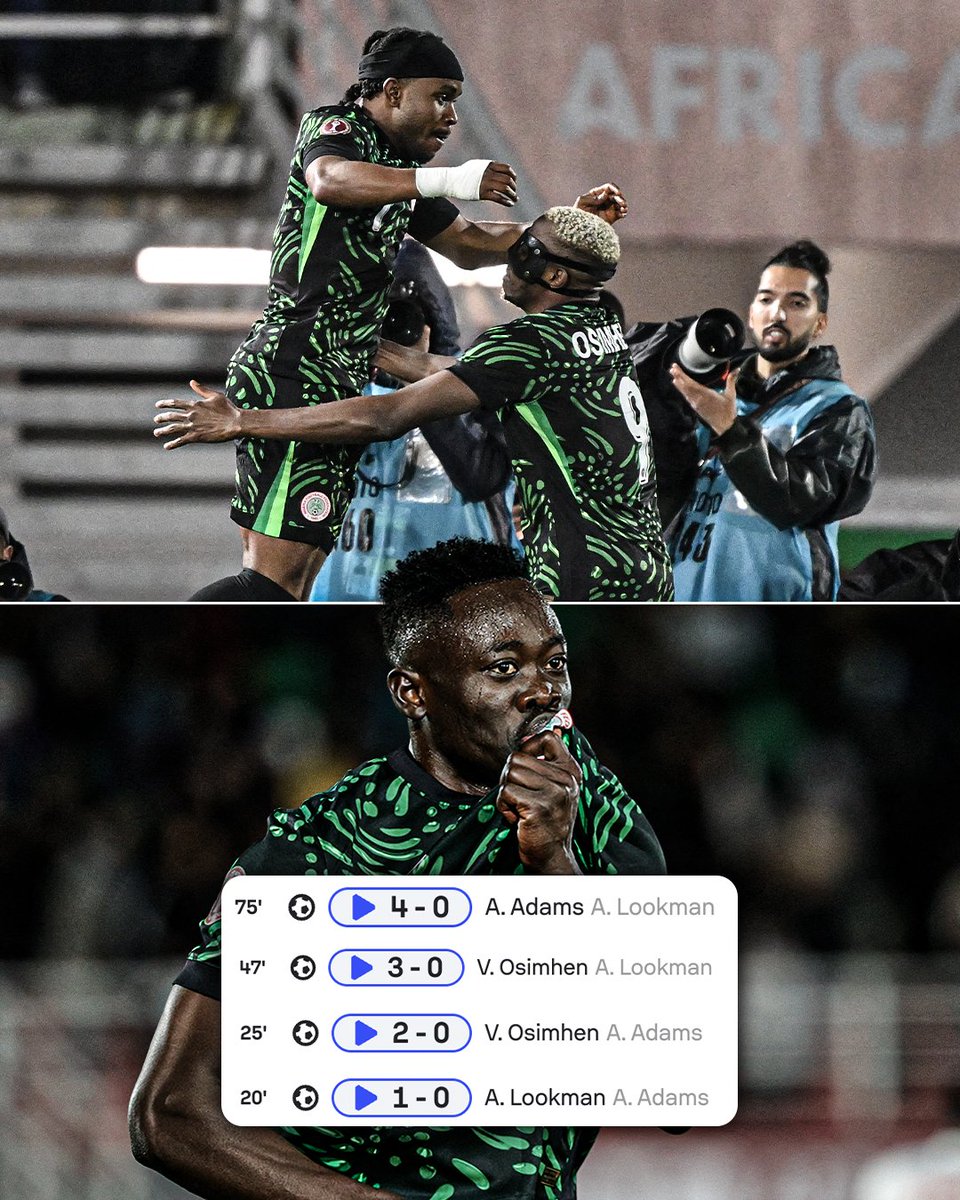 ESPNAfrica's tweet photo. Ademola Lookman, Victor Osimhen and Akor Adams were involved in all four of Nigeria’s goals 🇳🇬

Super Eagles attack soaring 🦅 https://t.co/PYicvv0XZ1