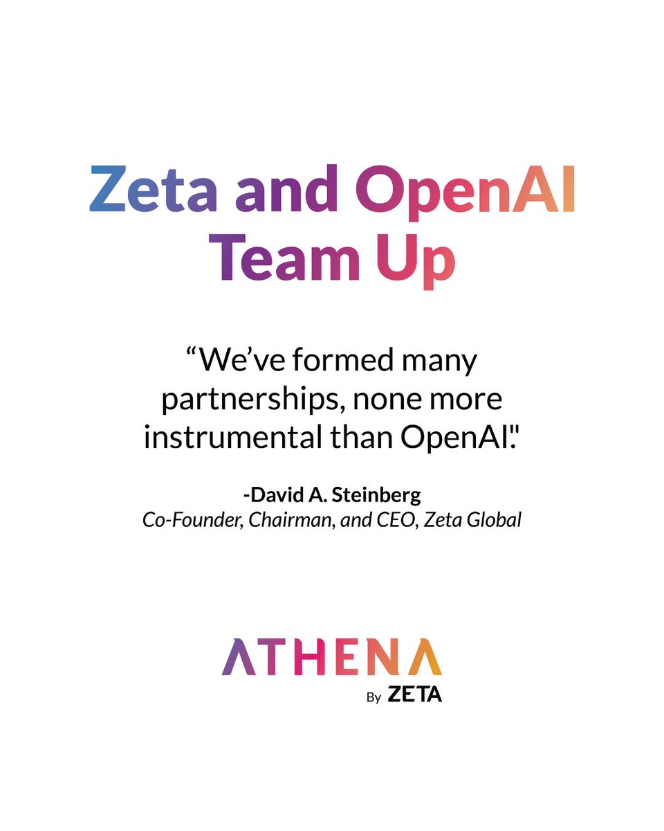 dsteinberg10000's tweet image. This is HUGE ! I am excited to share that today at #CES2026, @ZetaGlobal announced that we are teaming up with @OpenAI to power Athena by Zeta. 

This collaboration reflects where enterprise marketing is headed: AI that goes beyond insights to help teams move faster and act…