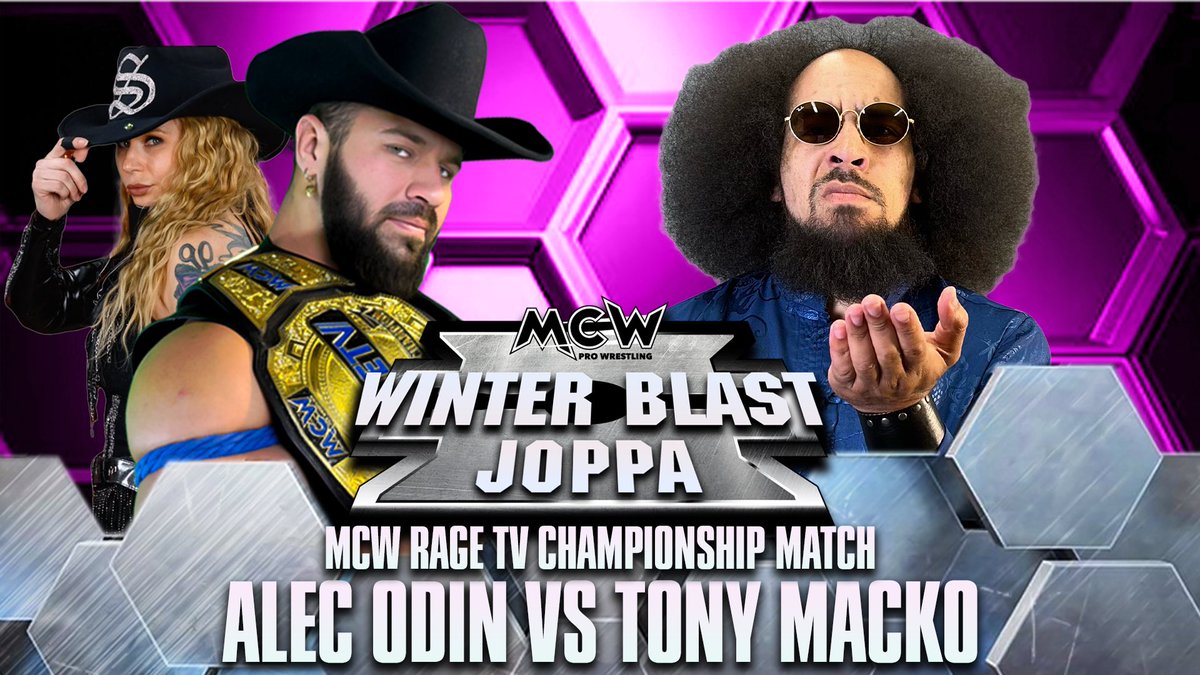 MCWWrestling's tweet photo. The #MCWRageTV Title is on the line FRIDAY NIGHT January 23rd when @TheDolomac challenges @AlecOdin 🔥 With The Dojo in tow, can Tony Macko pick up the ‘W’ and the gold over this ‘Leroy’❓ Grab your tickets 🎟️ here 👉 https://t.co/DPJGKFN4Ec and we’ll see you The RJ Meyer Arena in Joppa, #Maryland for #MCWWinterBlast 2026 Night 1️⃣!