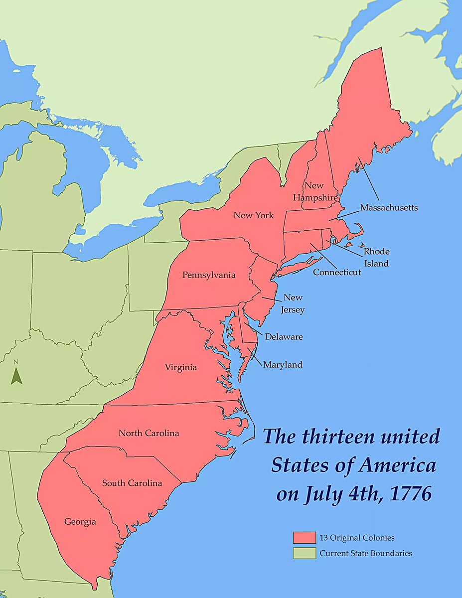 The thirteen United States of America on July 4, 1776