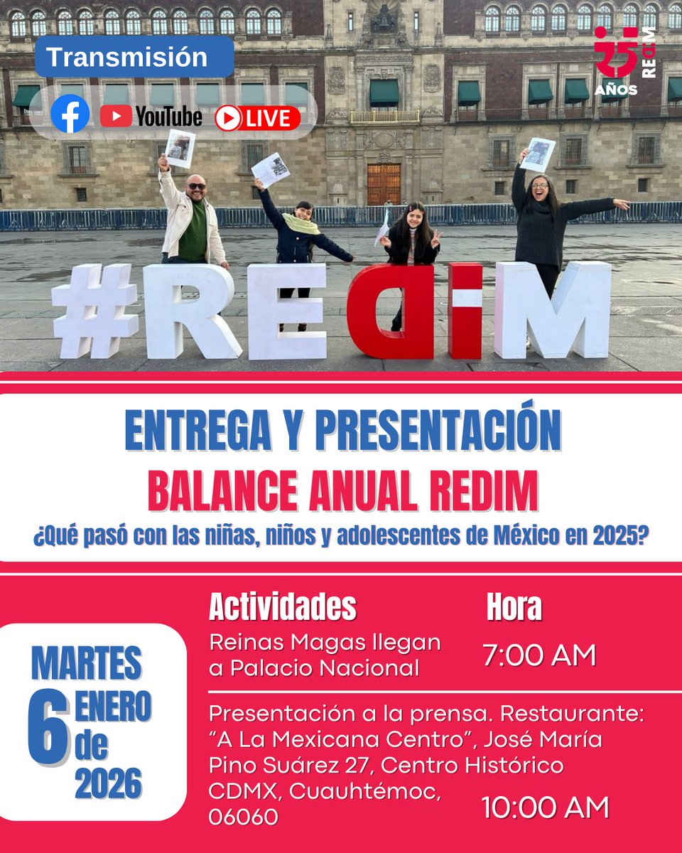 ⭕️ 📢 ENTREGA Y PRESENTACIÓN | BALANCE ANUAL REDIM 2025  

➡️ ¿Qué pasó con las niñas, niños y adolescentes de México en 2025?  

Este martes 🗓️ 6 de enero de 2026, #REDIM presentará su Balance Anual, un análisis sobre la situación de derechos de niñas, niños y adolescentes en el