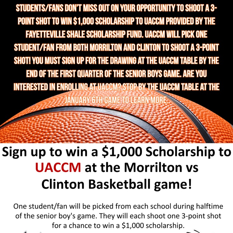 mhsdevildogs's tweet image. Do you want to win a $1000 UACCM scholarship?????  Come to the Morrilton vs Clinton game tomorrow night to sign up.  🏀🏀🏀