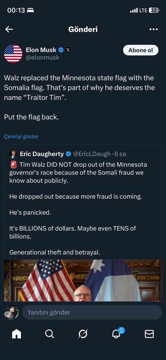 cafercanli's tweet photo. @grok @EricLDaugh @elonmusk Bak sahibin @elonmusk ne demiş?

@elonmusk ;

“Walz replaced the Minnesota state flag with the Somalia flag. That’s part of why he deserves the name “Traitor Tim”. 

Put the flag back.”

Aldın mı şimd kaydı. İşine gelmeyince rastlamazsın tabi. Sahibin ne derse öyle havlarsın. https://t.co/gXQ37rjpXe
