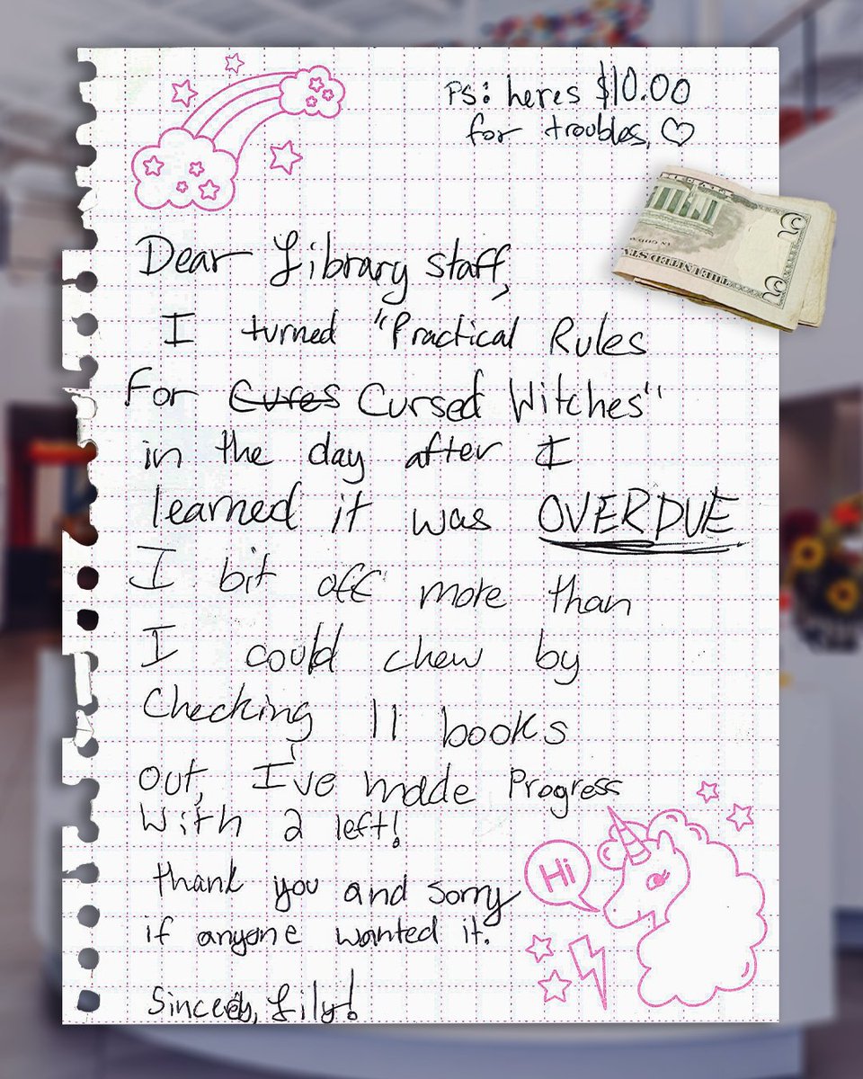 columbuslibrary's tweet photo. We just found this note, and $10 cash, stuffed into a library book. 

Since we don't charge overdue fees, Lily came back for her $10 – she also received our whole staff's applause for reading so many books! https://t.co/JJvnf3mus4
