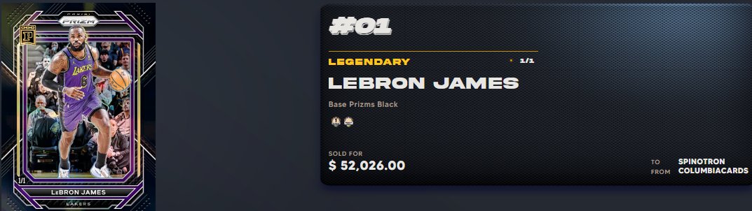 Massive $52,026.00 sale on the #PaniniBlockchain

Congrats to <a href="/columbiacardsx/">ColumbiaCards</a> pulling this 2022-23 <a href="/KingJames/">LeBron James</a>  base True Black Prizm 1 of 1 from a discord giveaway pack last week. 

<a href="/spinotron/">spinotron</a> adds another grail to the museum 🔥