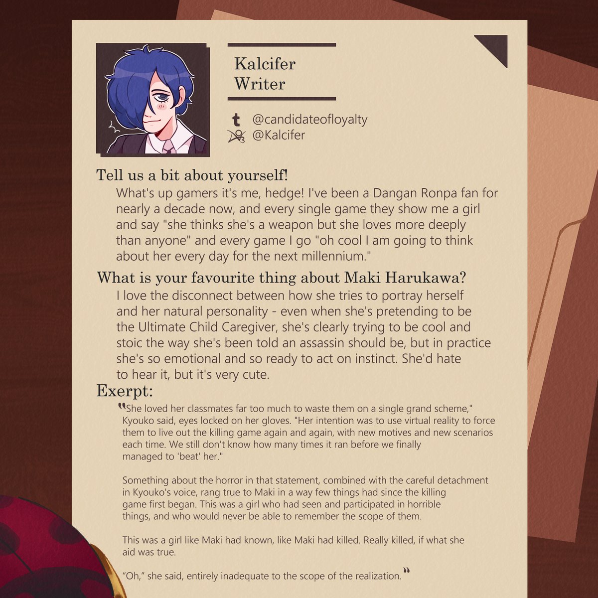 CONTRIBUTOR SPOTLIGHT 🏹🎀

Our next writer in the lineup is Hedge! We love their engaging prose and phenomenal characterisation... Plus, Hedge has a special skill for hilarious character interaction!

TUMBLR: @/candidateofloyalty
AO3: Kalcifer