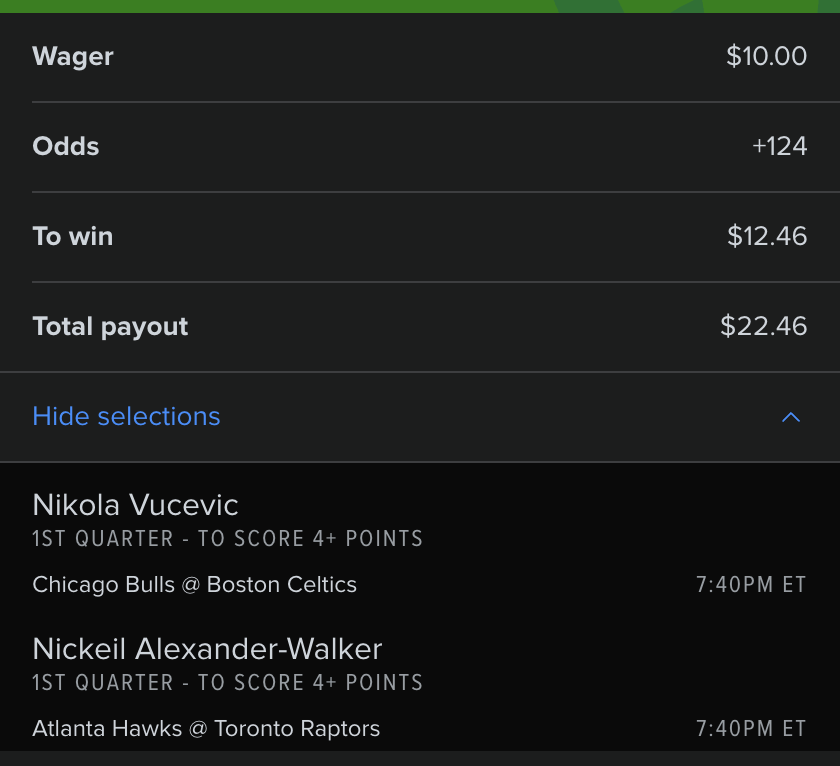 sloprules's tweet image. $10 to win $10K 🪜Challenge - Bet #1

We're going 1st Quarter Points for this one. Once these two cash, we'll go with another slip for the late games.

This $10 will be $10K in no time. Maybe sooner.