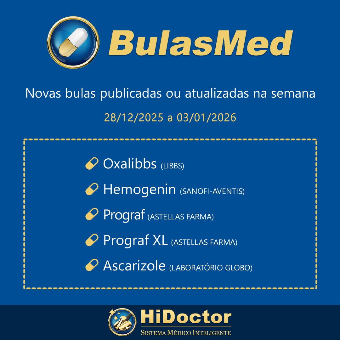 BulasMed's tweet image. Novas bulas publicadas ou atualizadas na semana!

Veja mais: bulas.med.br

#Bulas #Medicamentos