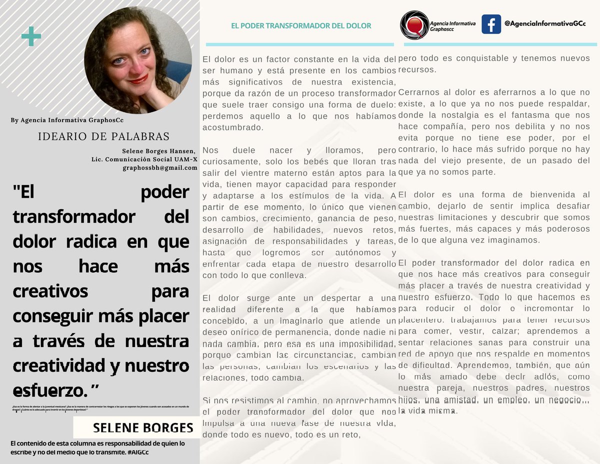 #GraphosCc #Noticias #BarradeOpinión #Columna #IdeariodePalabras | El poder transformador del dolor. Por Selene Borges Hansen by #AIGCc®
<a href="/graphosccrp/">Graphos Comunicación Creativa</a>
<a href="/GraphosCc/">Agencia Informativa GraphosCc</a> 
facebook.com/share/p/1TTuyL…