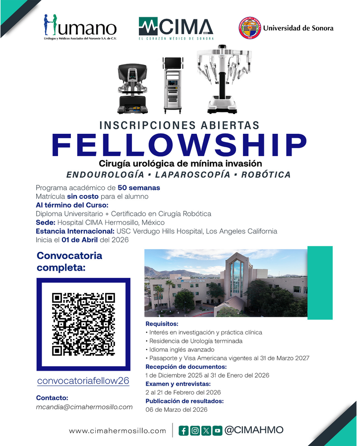 ¿Quieres llevar tu práctica urológica al siguiente nivel?
Hospital CIMA Hermosillo y Grupo Médico UMANO te invitan a formar parte del Curso de Alta Especialidad en Cirugía Urológica de Mínima Invasión 2026-2027, un programa con formación avanzada y experiencias clínicas reales.