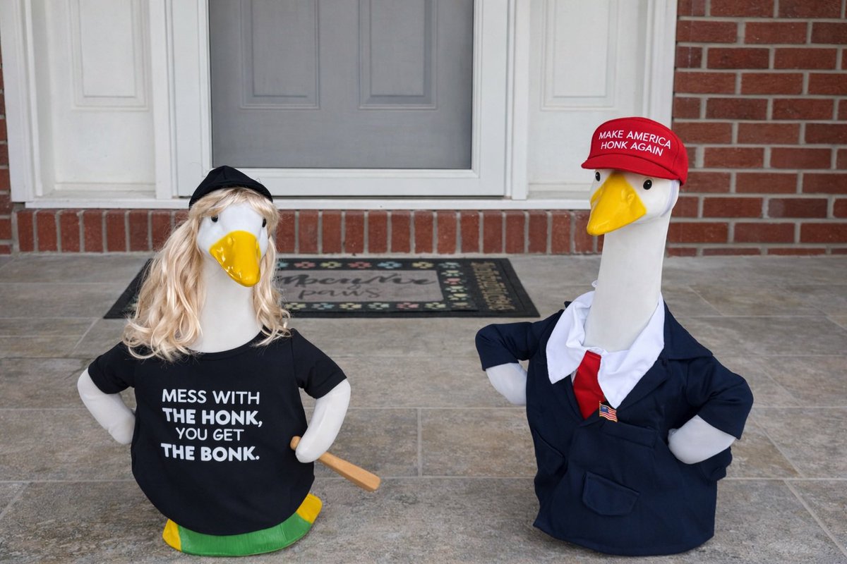 Lorijean74's tweet photo. I decorate my Porch Geese for every season. With all the recent events. It was only fitting that I put out Trump and Pam Bondi!   “You mess with the Honk, you get the Bonk!”  Make America Honk Again 😂😂😂 https://t.co/ujwoRn0sOM