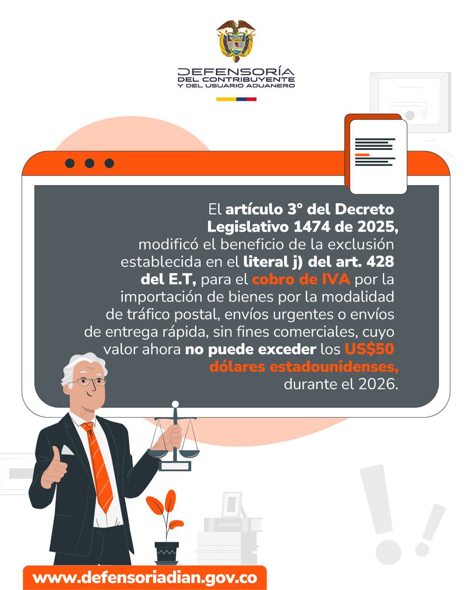 DefensoriaDIAN's tweet photo. 📦 ¿Importas paquetes desde el exterior?
Recuerda que en 2026 la exclusión del IVA solo aplica para envíos sin fines comerciales cuyo valor no exceda los US$50. Esta regla aplica para tráfico postal, envíos urgentes o de entrega rápida, según el Decreto Legislativo 1474 de 2025. https://t.co/PoYPTwJ5nS
