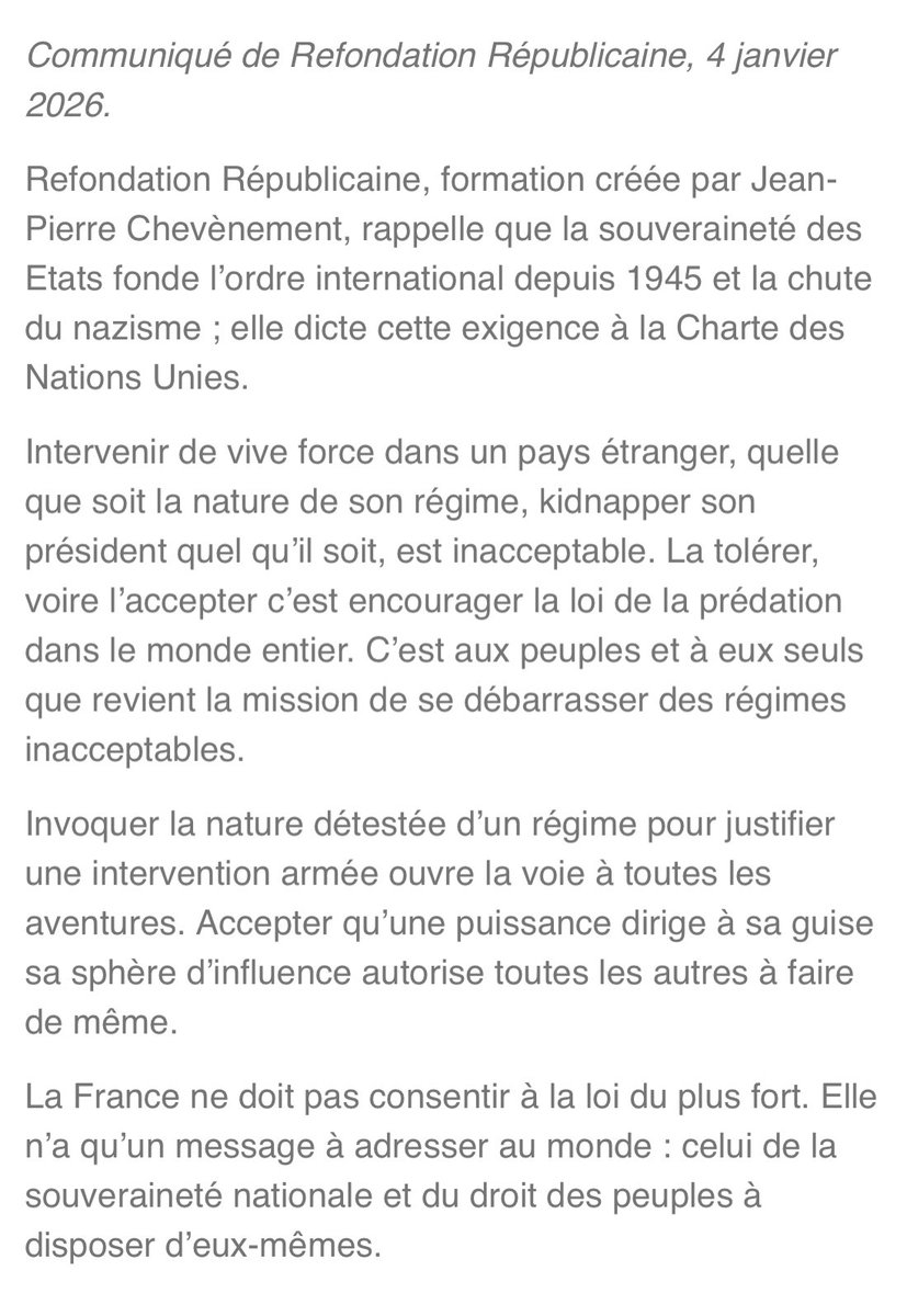 chevenement's tweet photo. .@RefondationRep:«C’est aux peuples et à eux seuls que revient la mission de se débarrasser des régimes inacceptables.
Invoquer la nature détestée d’un régime pour justifier une intervention armée ouvre la voie à toutes les aventures. Accepter qu’une puissance dirige à sa guise… https://t.co/Y6JUVwpWB0