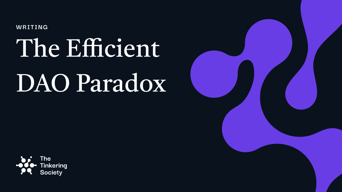 'One holder, one vote’ sounds admirable… until someone rugs the frontend repo.

Last year, tinkerer <a href="/ancap_gao/">Jason Gao | Building Rheo</a> dissected the looming DAO coordination squeeze – and why it’s inevitable even for blue-chip protocols like Aave.

Take a read (5 min) ↓
tinkeringsociety.xyz/post/the-effic…
