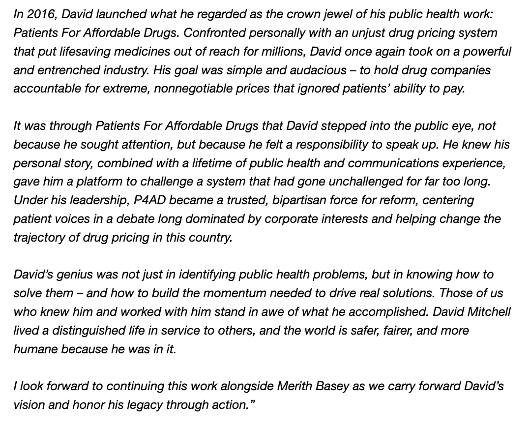 P4AD_'s tweet image. A statement from Chuck Hurley, Board Chair of Patients For Affordable Drugs and David’s close friend of more than 40 years, honoring David’s life and legacy following his passing on Friday. 

patientsforaffordabledrugs.org/2026/01/05/rem…