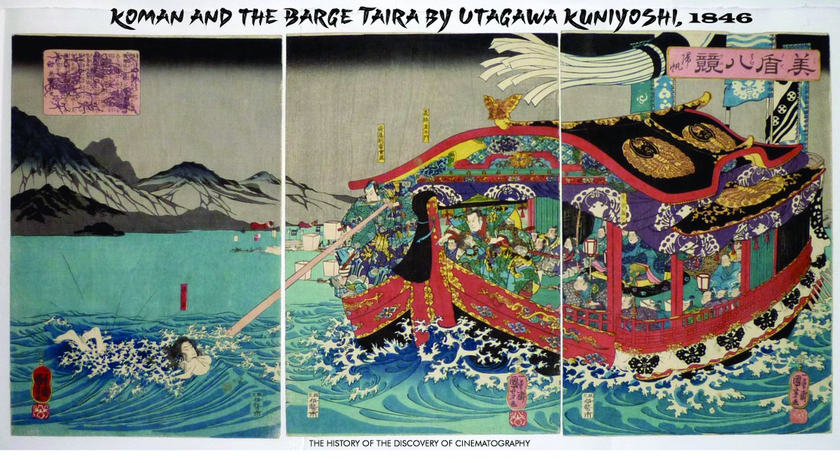 RealPreCinema's tweet photo. THE FLOATING WORLD AS A PROTO CINEMATIC SPACE
Ukiyo‑e is one of the quiet structural pillars of #precinema, and once you see how it operates, I believe it becomes impossible to unsee its influence — from Magic Lantern shows to early #filmframing to the spatial logic of #anime.
Ukiyo‑e prints often depict scenes as if they were arranged on a shallow stage, with actors, props, and architecture placed in discrete layers. Instead of Western linear perspective, #ukiyo‑e uses stacked planes, diagonals, and abrupt scale shifts — a spatial grammar that anticipates #cinematicmontage more than #Renaissance painting.
Multi‑sheet #Panoramas and narrative print series behave like early #storyboards or proto sequences. Cinema inherits not just the look but the performative vocabulary.